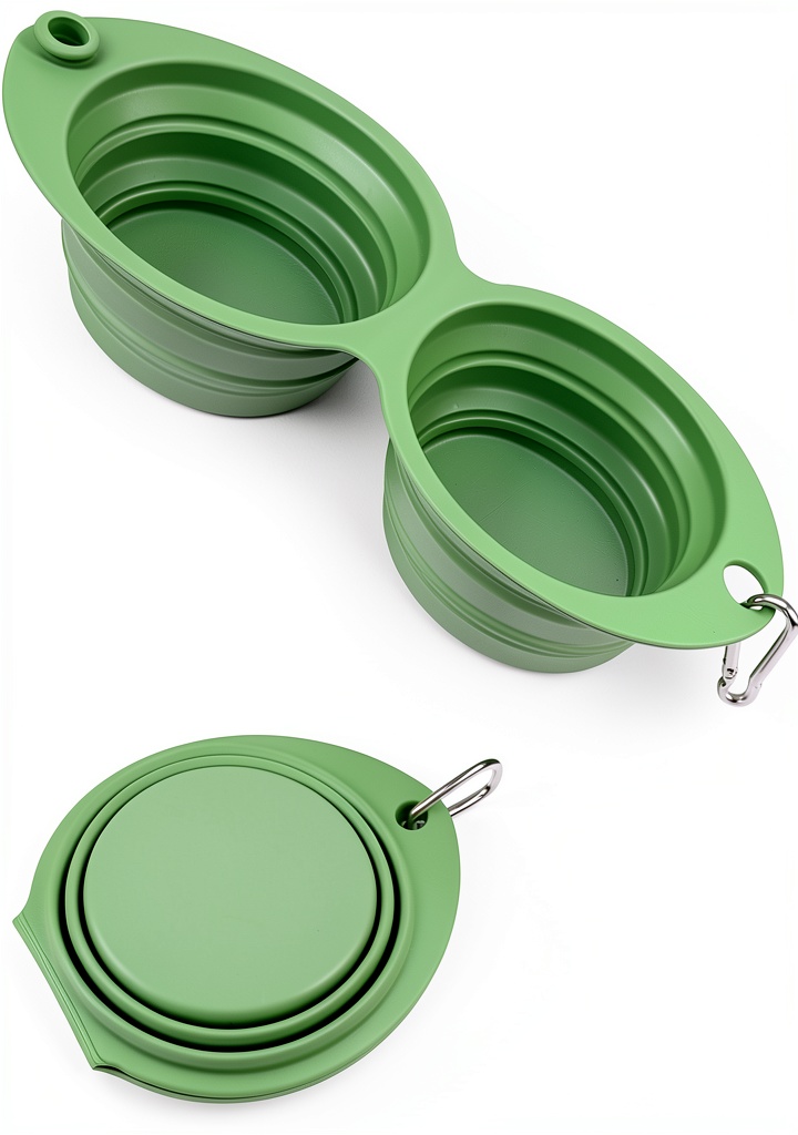 UJT collapsible dog bowls folded and expanded showing dual compartments