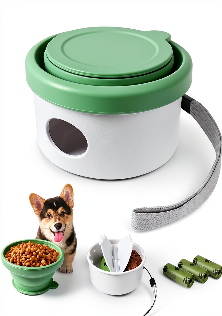 MEINV collapsible dog bowl set unfolded with food container and poop bags