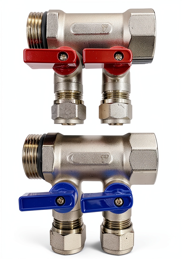 KlimPLumbing Pex manifold fittings in blue and red colors on a workbench