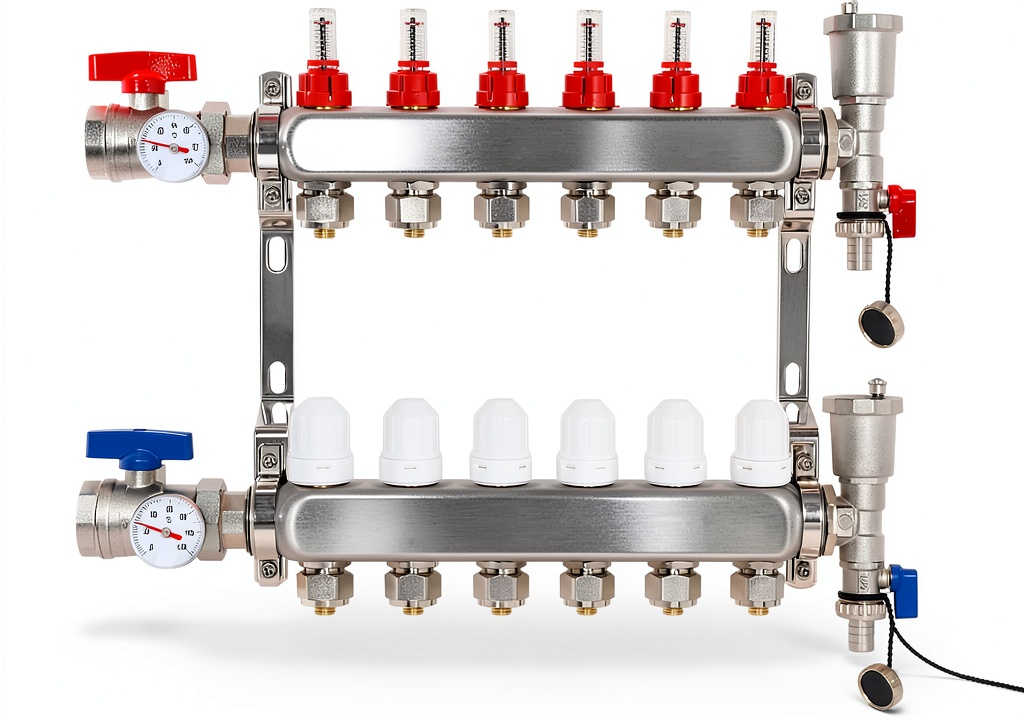 FAHKNS floor heat manifold installed beneath tile flooring