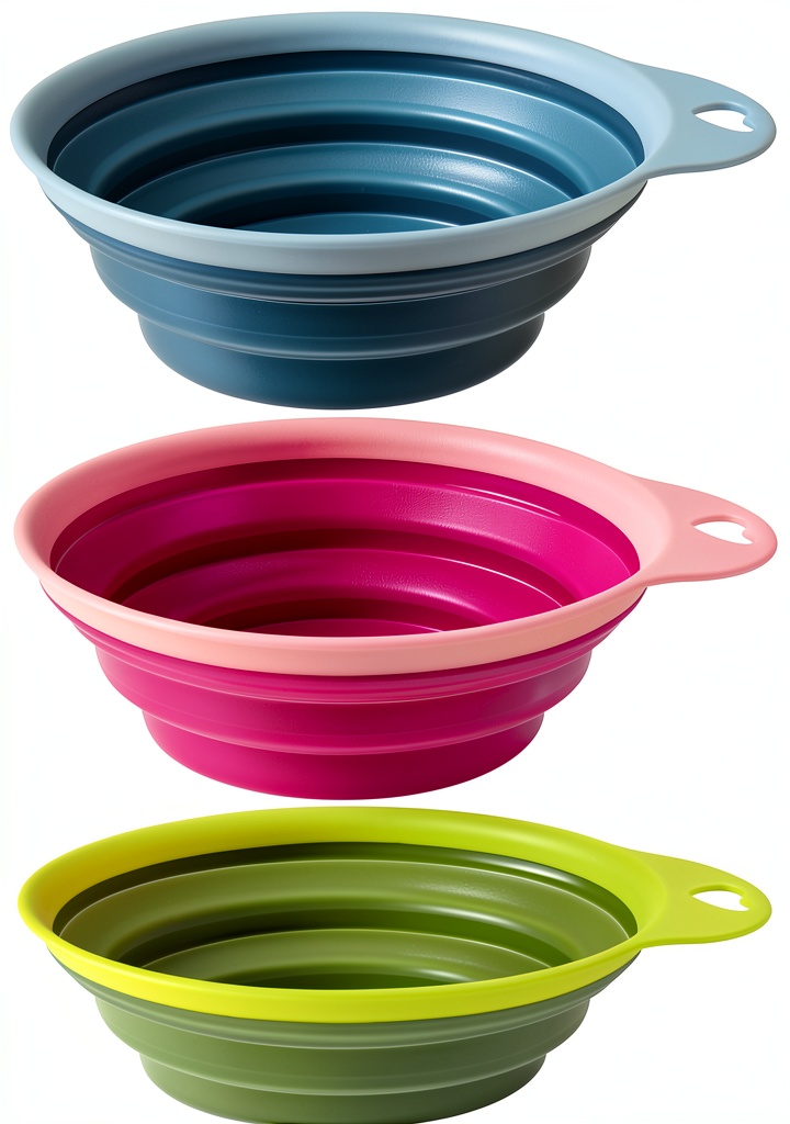 'Fairly Odd Treasures collapsible pet bowls in green, pink, and blue colors'