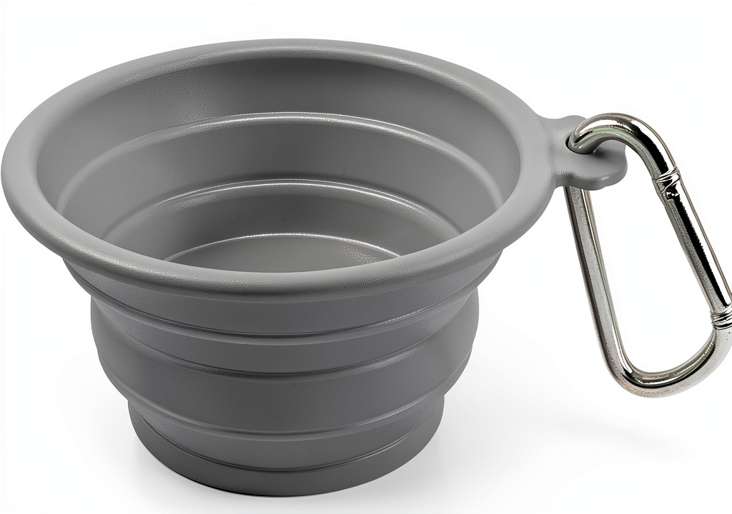 FFD DESIGNS collapsible pet travel bowl folded and placed in a hiking backpack