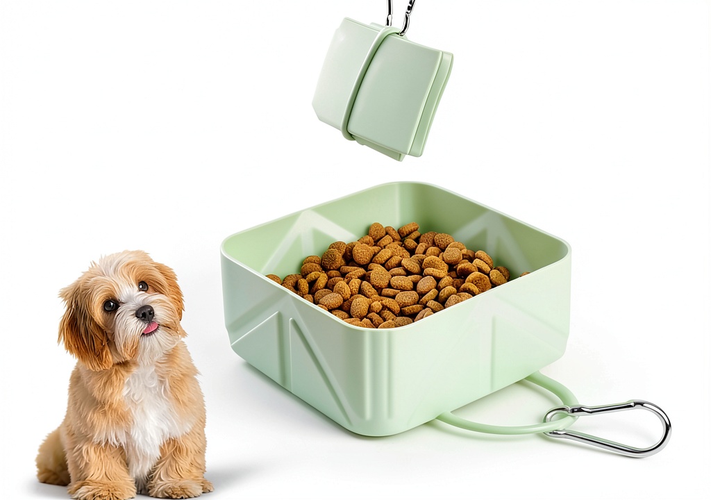 ITISMUNGO collapsible dog bowls folded flat next to a backpack