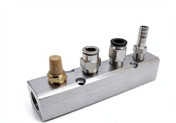 Qolekog Aluminum Air Manifold 2 Way 4 Port NPT Silver-4